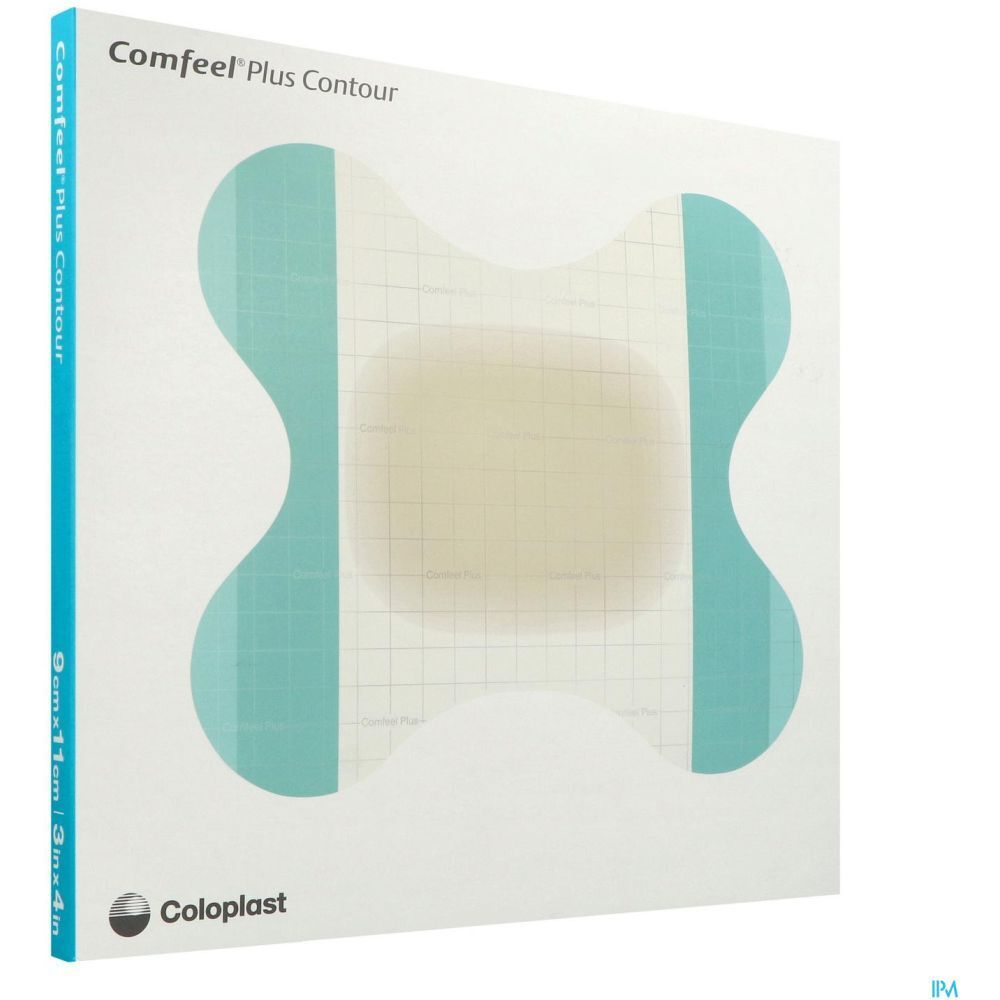 Emballage de pansement Comfeel Plus Contour. Bords vert clair, forme carrée. Marque: Coloplast. Nom du produit sur l'emballage.