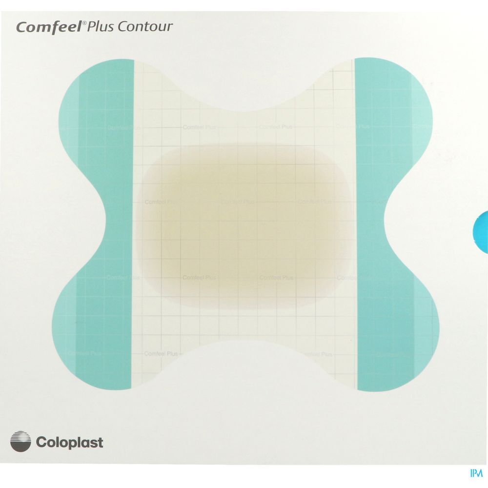 Pansement Contour. Bords vert clair, forme carrée aux coins arrondis. Marque: Coloplast. Nom du produit: Comfeel Plus Contour.