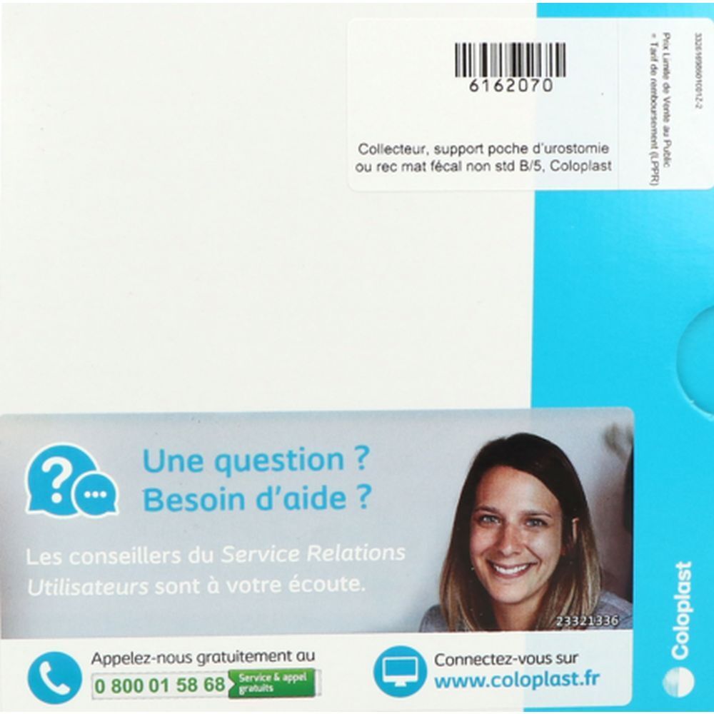 Emballage avec texte et code-barres. Contient des informations sur un produit pour urostomie ou stomie. Logo Coloplast.