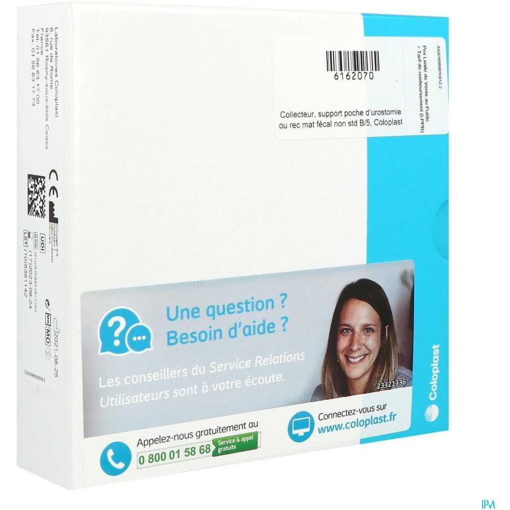 Emballage produit, blanc avec accents bleus. Contient texte et code-barres. Logo Coloplast et marquage CE.