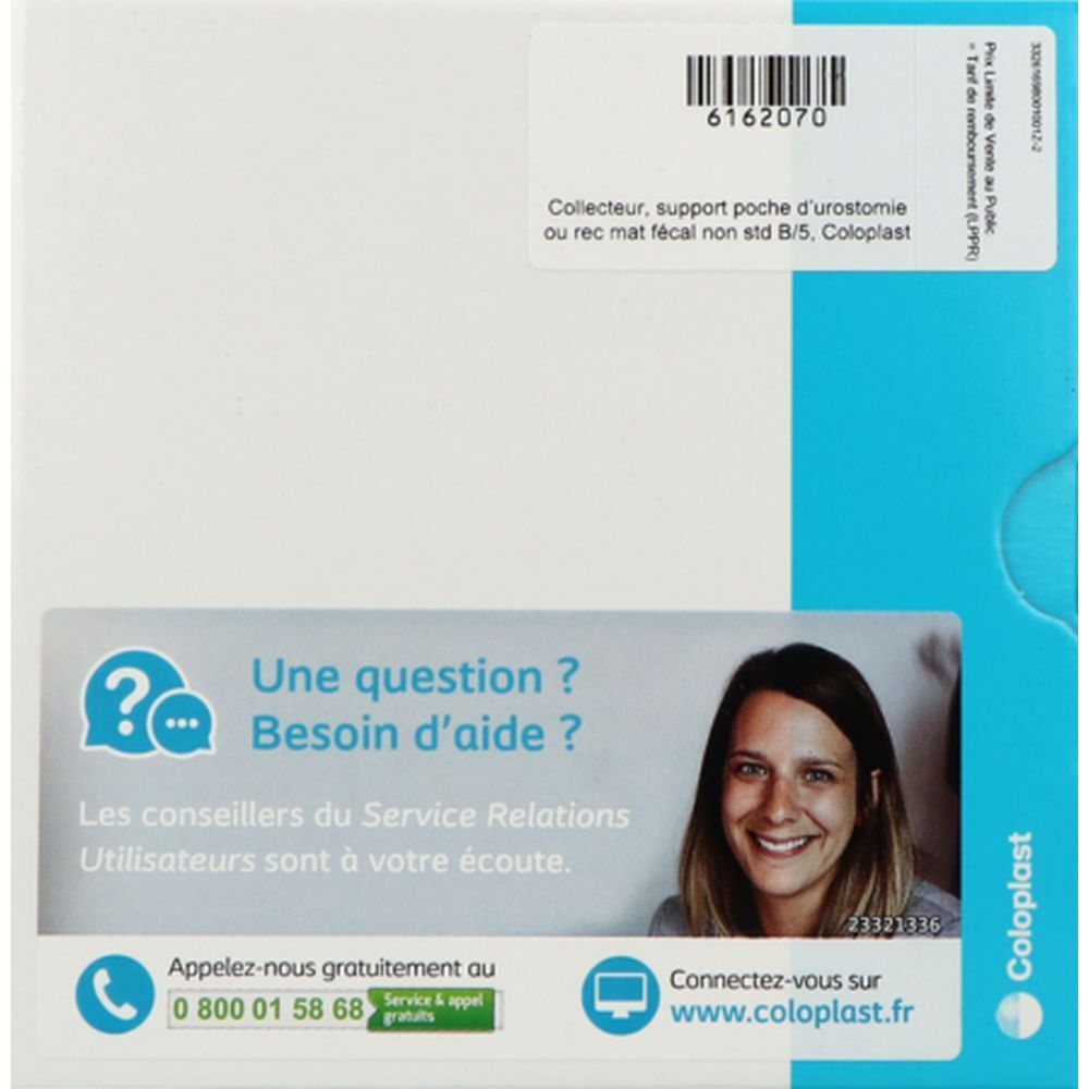 Boîte avec informations produit. Texte: "Collecteur, support poche d'urostomie ou rec mat fécal non std B/5, Coloplast!". Coordonnées de contact.