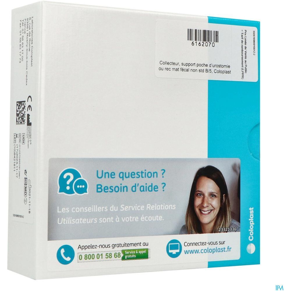 Boîte avec informations produit. Texte: "Collecteur, support poche d'urostomie ou rec mat fécal non std B/5, Coloplast!". Marquage CE.