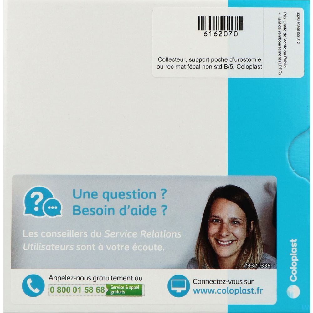 Boîte avec informations produit. Texte: "Collecteur, support poche d'urostomie ou rec mat fécal non std B/5, Coloplast!". Coordonnées de contact.