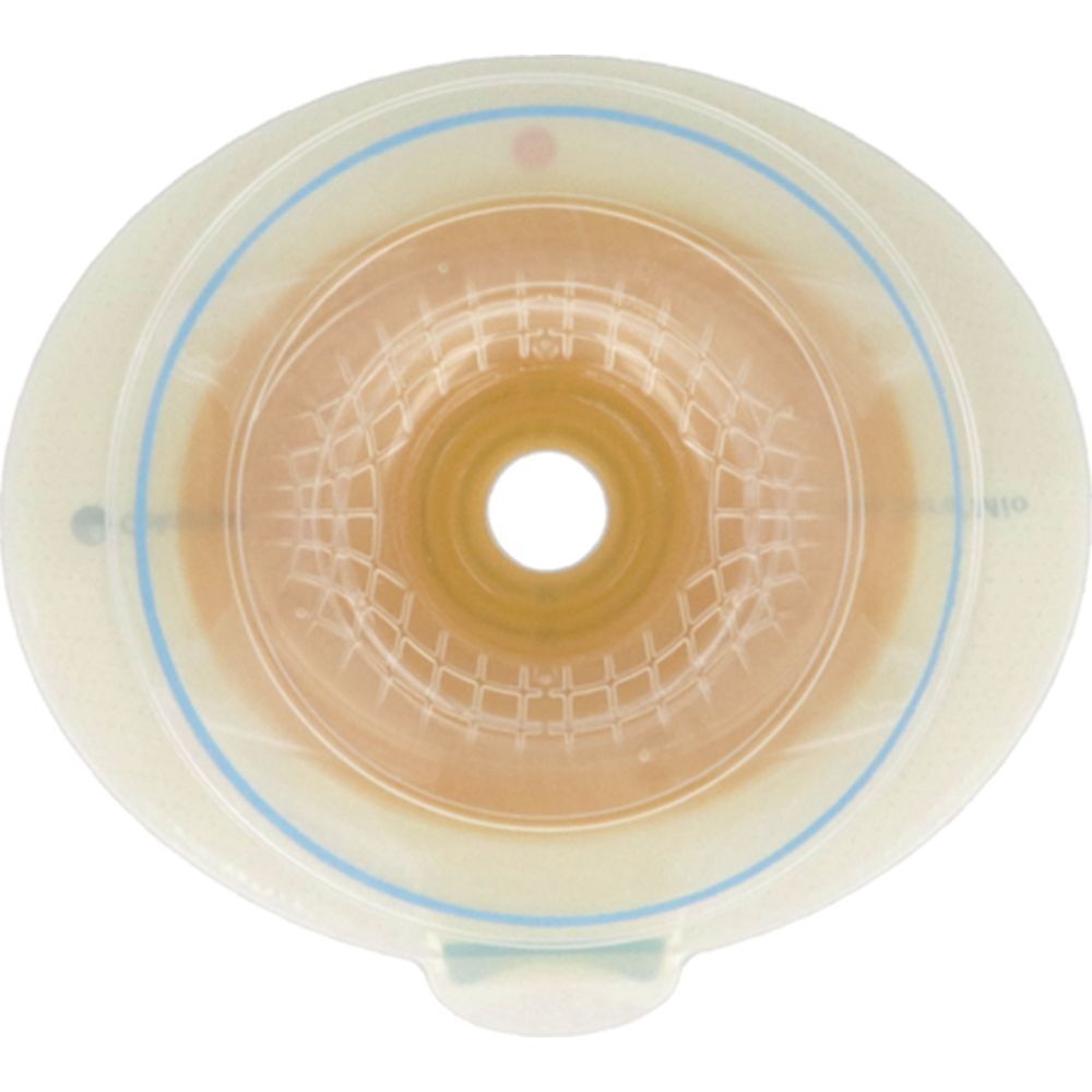 Système semi-convexe en deux parties. Ouverture ronde, centre transparent, bord blanc avec lignes bleues.