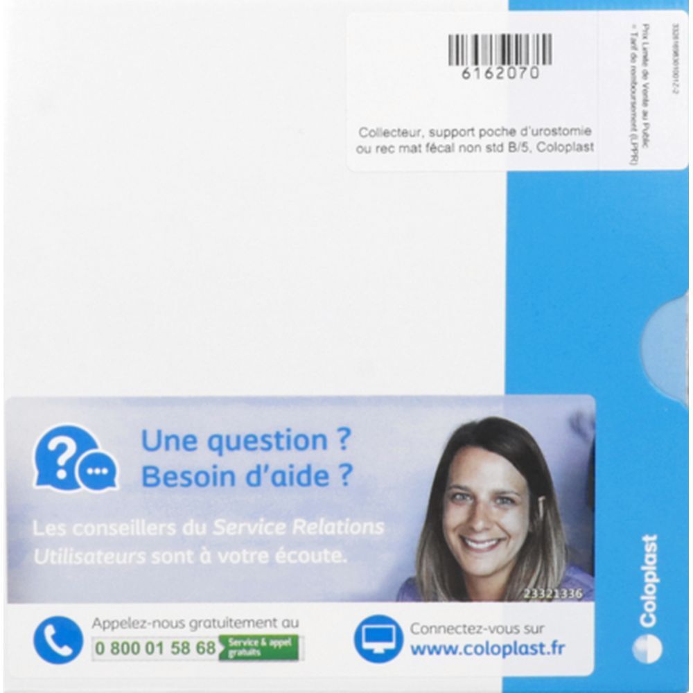Emballage avec texte: "Collecteur, support poche d'urostomie ou rec mat fécal non std B/5. Coloplast".