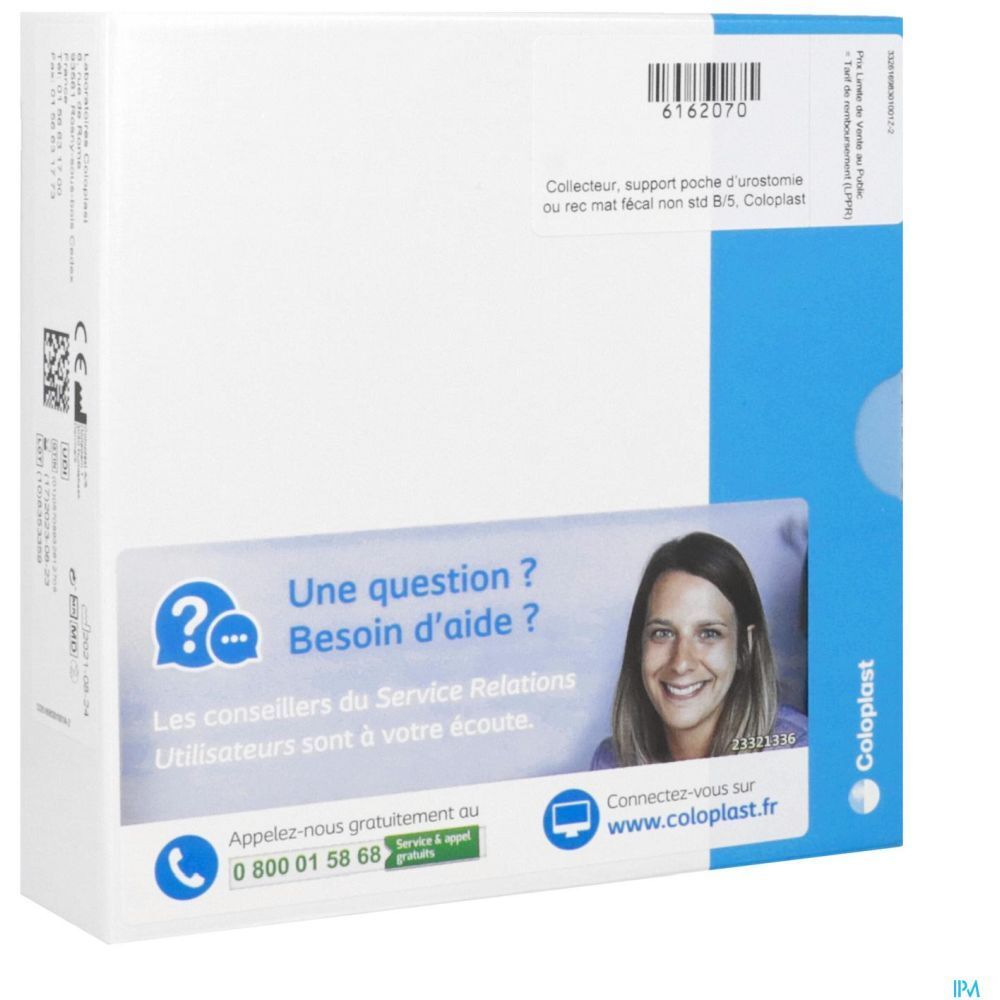 Emballage avec texte: "Collecteur, support poche d'urostomie ou rec mat fécal non std B/5. Coloplast".