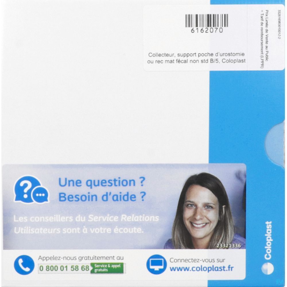 Emballage avec texte: "Collecteur, support poche d'urostomie ou rec mat fécal non std B/5. Coloplast".