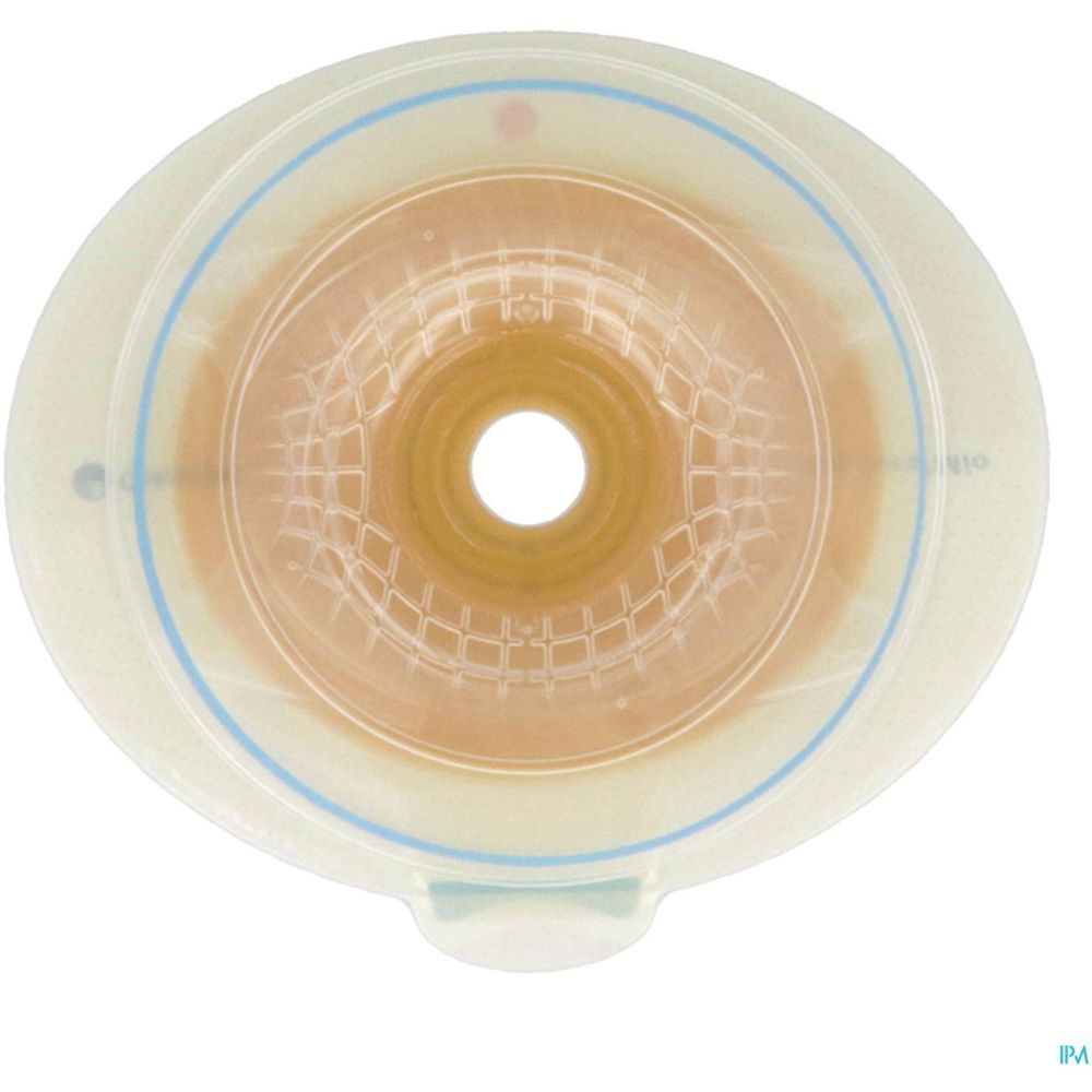 Système semi-convexe en deux parties. Ouverture ronde, centre transparent, bord blanc avec lignes bleues.