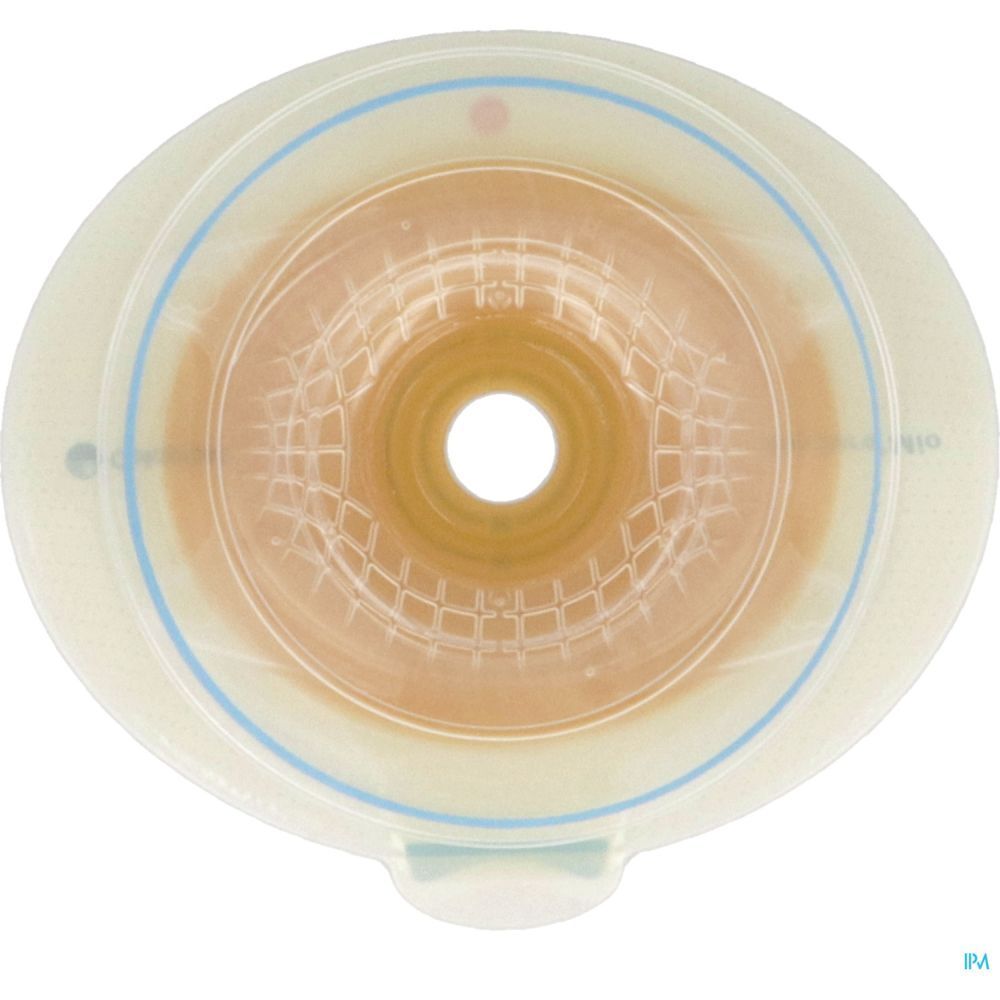 Système semi-convexe en deux parties. Ouverture ronde, centre transparent, bord blanc avec lignes bleues.