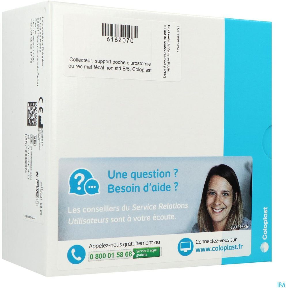 Boîte blanche avec informations produit et contact. Inscription Coloplast. Code-barres et marquage CE.