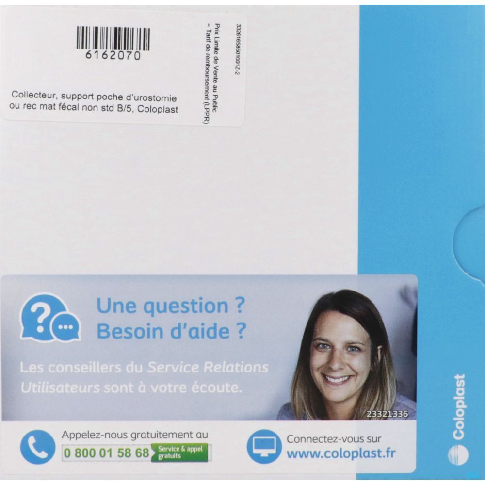 Emballage produit avec informations et contact. Inscription : "Une question ? Besoin d'aide ?" et "Coloplast".