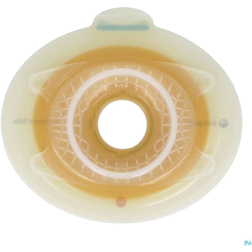 Dispositif médical rond, beige-transparent avec anneau jaune et centre transparent. Avec ouvertures et supports.