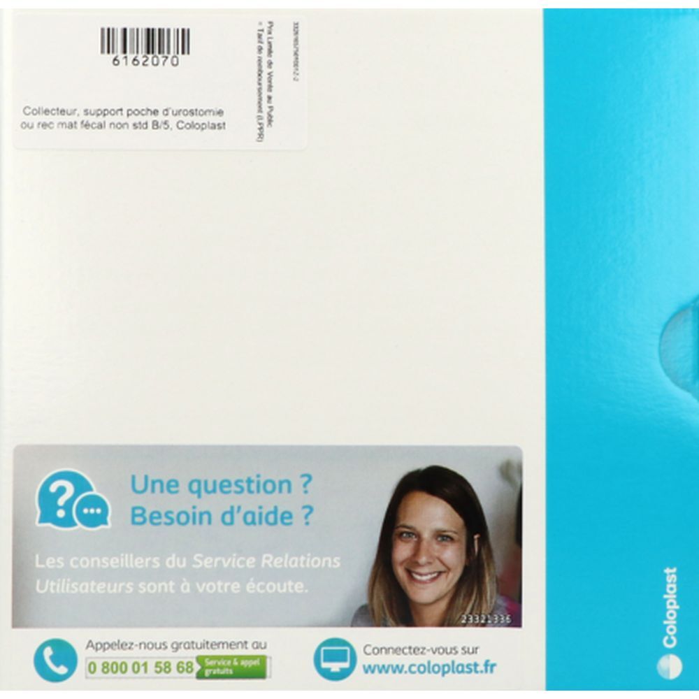 Boîte blanche avec bande bleue. Texte: Coloplast, section questions/aide, numéro de téléphone et site web.