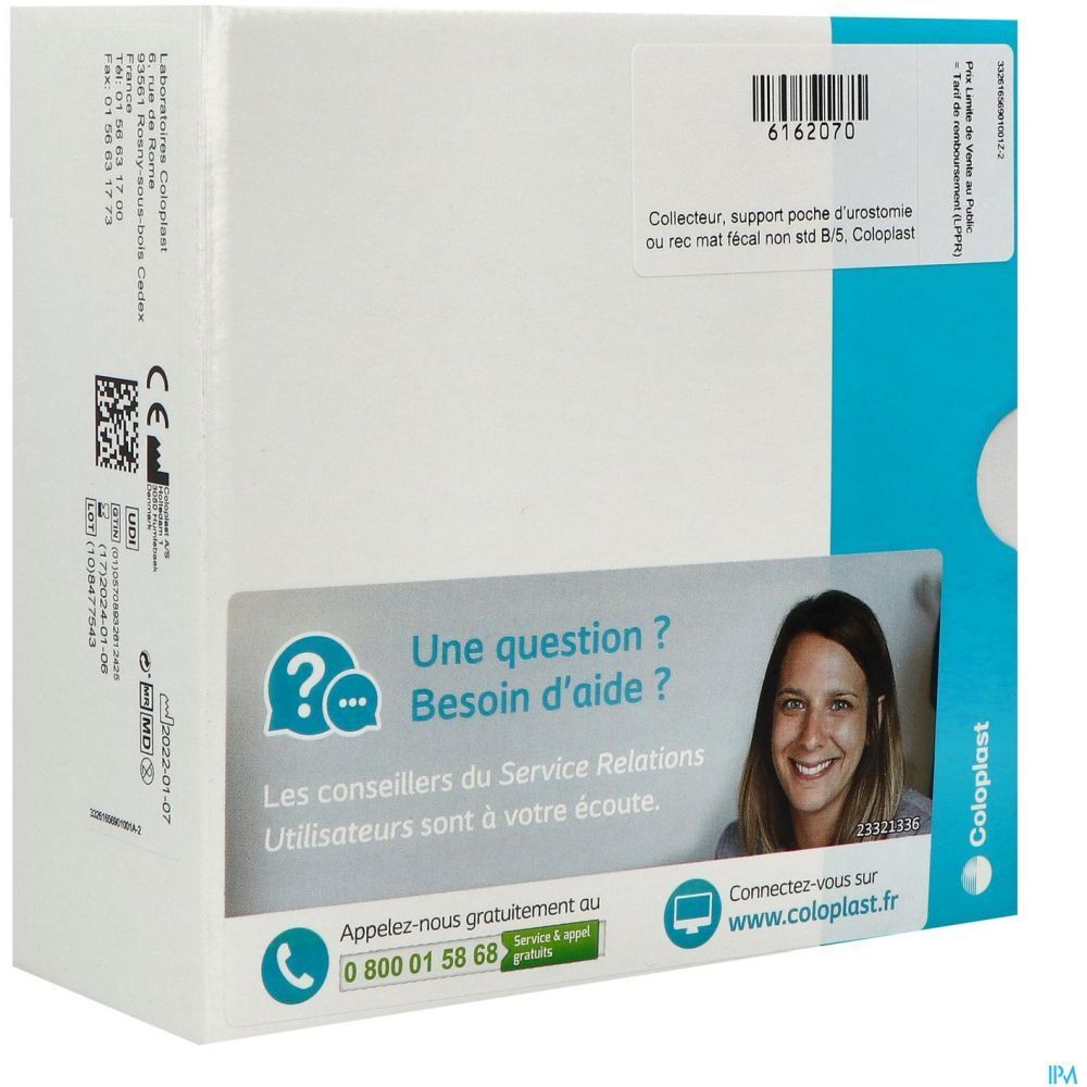 Emballage blanc avec texte. En haut : code-barres et texte. En bas : texte et femme. Marque Coloplast.