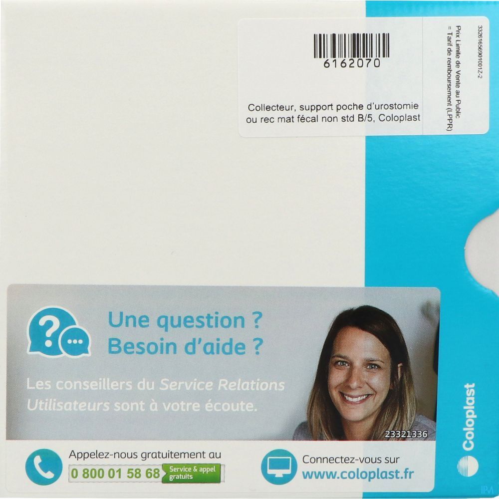 Emballage avec texte. En haut : code-barres et texte. En bas : texte et femme. Marque Coloplast.