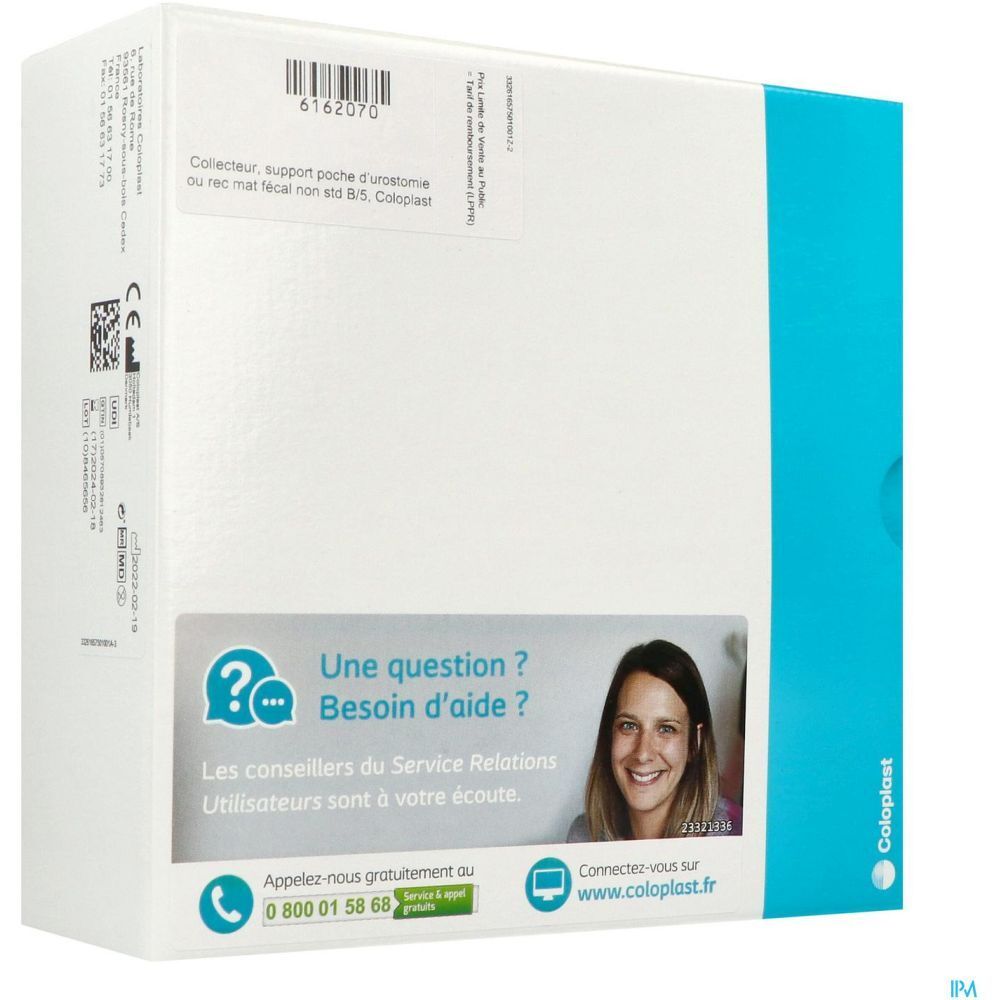 Emballage blanc avec bande bleue. Texte: Coloplast, section questions/aide avec numéro de téléphone et site web. Code-barres.