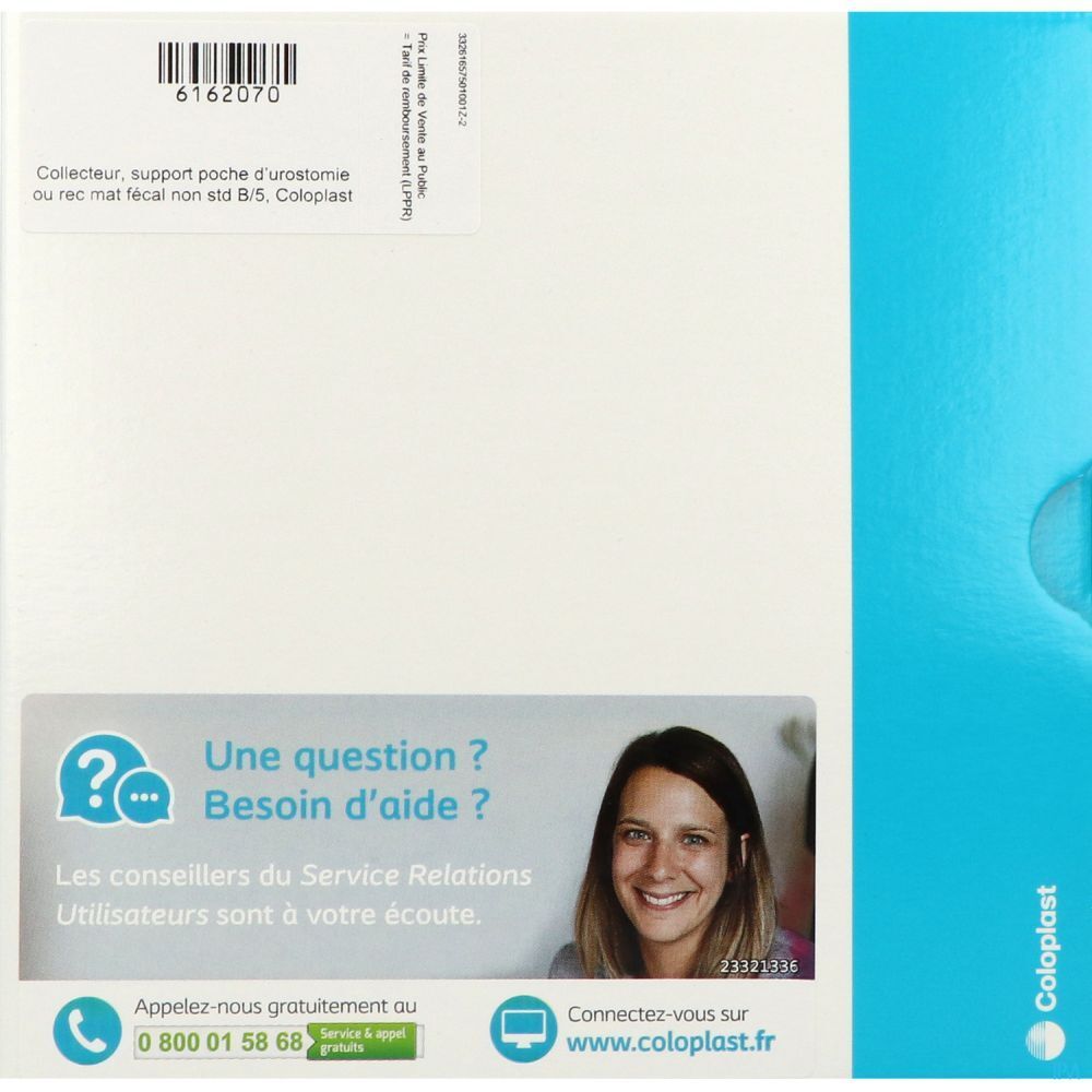 Emballage blanc avec bande bleue. Texte: Coloplast, section questions/aide avec numéro de téléphone et site web.