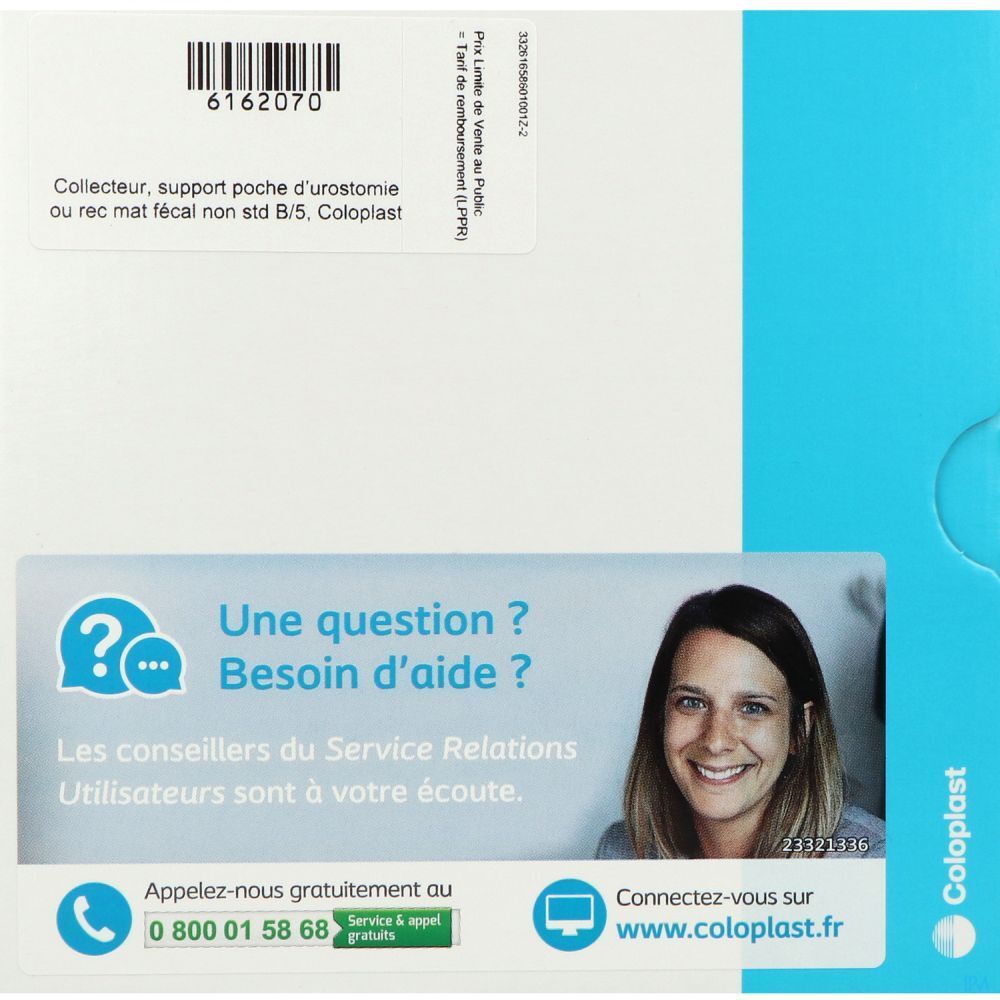 Emballage avec informations produit et contact. Texte en français. Logo Coloplast visible.