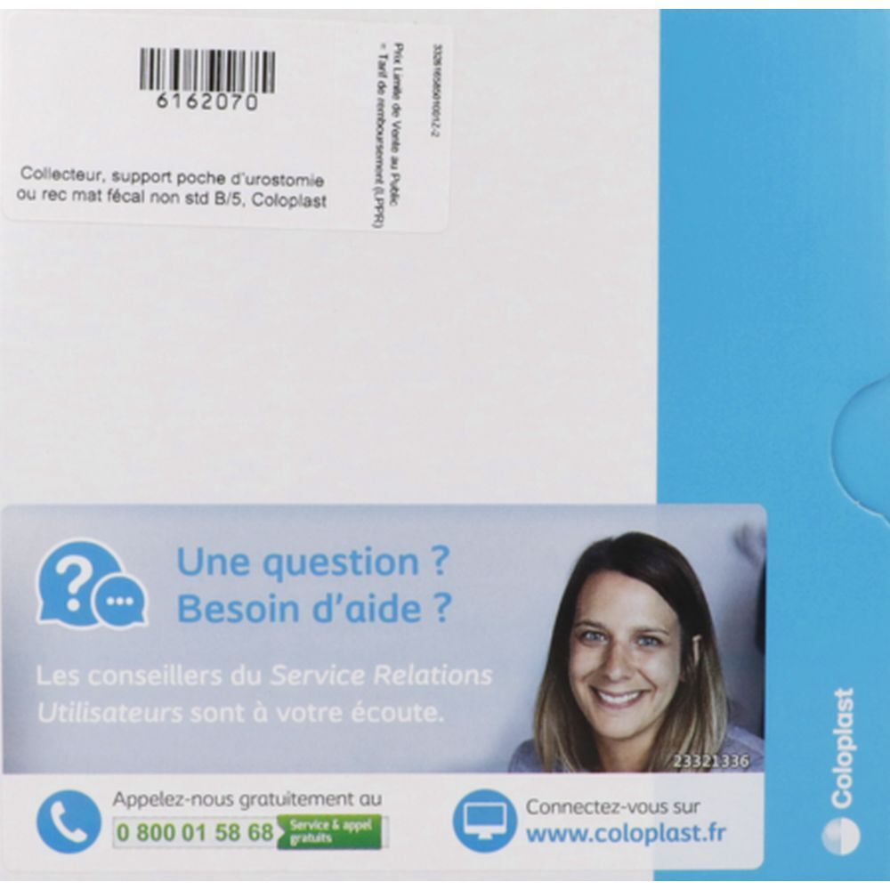 Emballage avec informations produit et contact. Texte en français. Logo Coloplast.