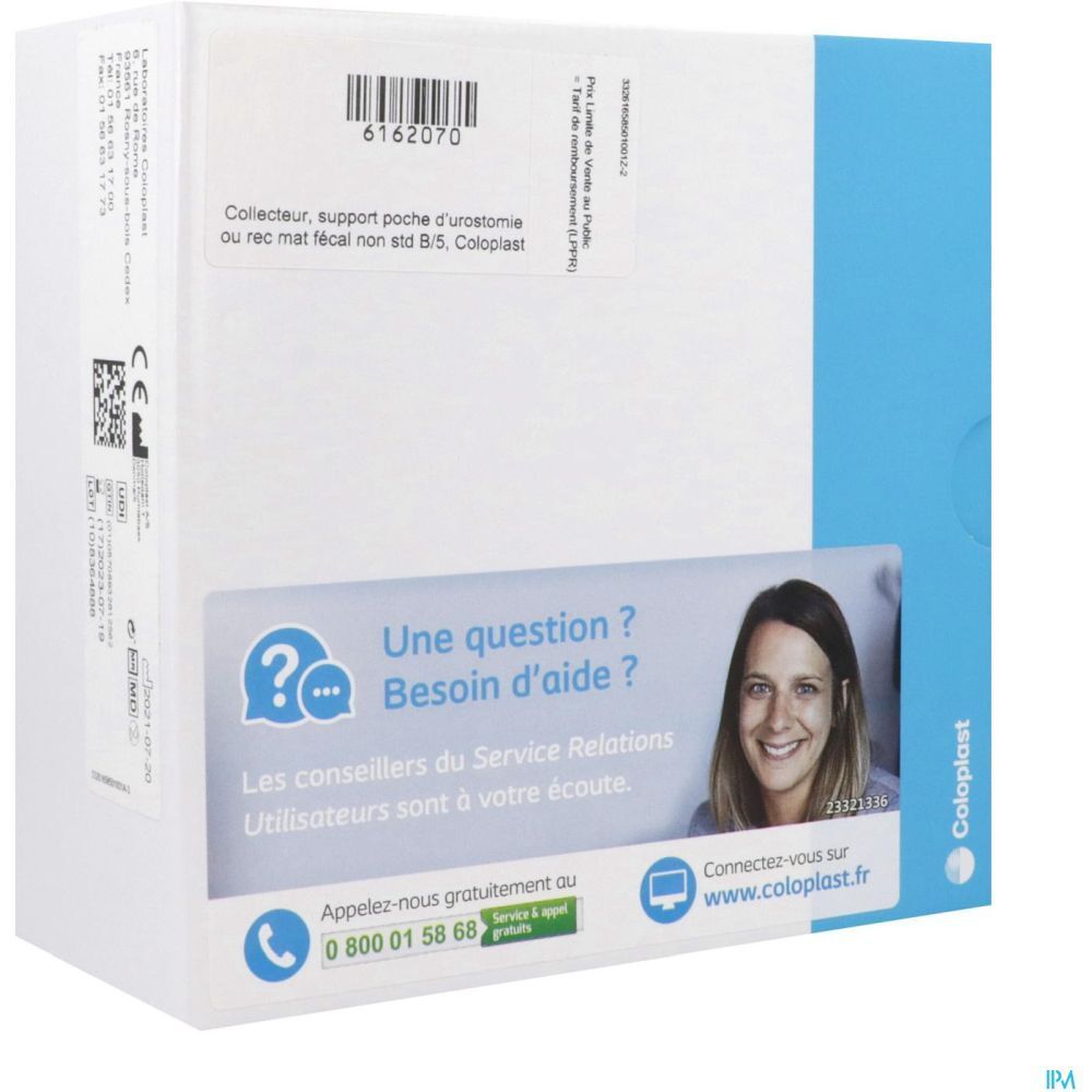 Emballage produit avec informations et contact. Texte français. Logo Coloplast. Femme souriante.