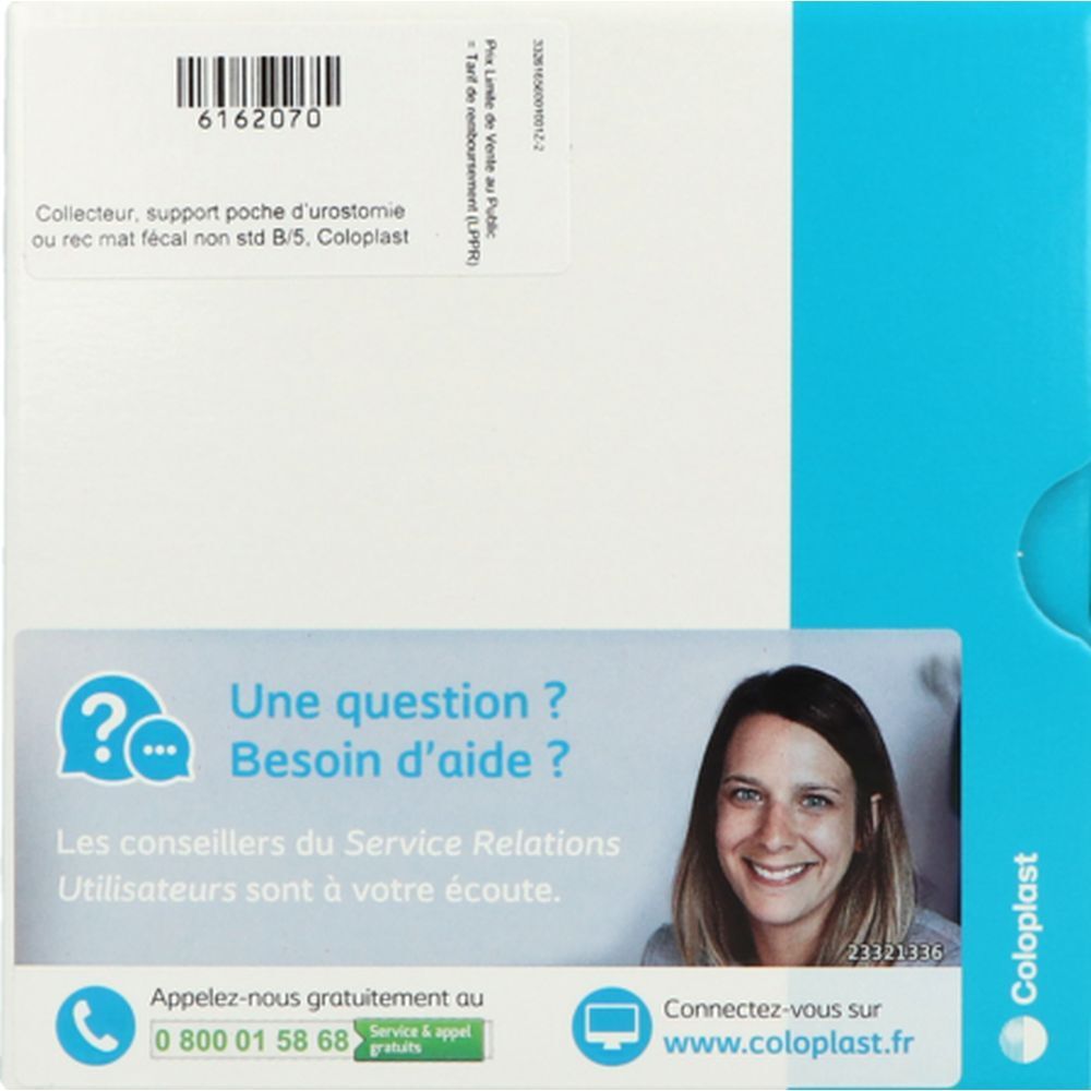 Boîte. Inscription: "Collecteur, support poche d'urostomie ou rec mat fécal non std B/5. Coloplast". Informations de contact et logo.