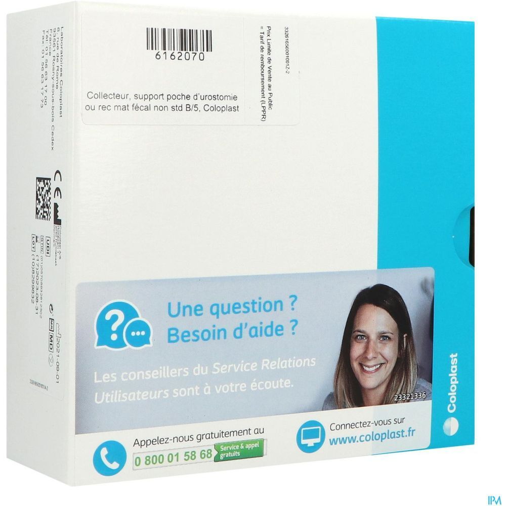 Boîte. Inscription: "Collecteur, support poche d'urostomie ou rec mat fécal non std B/5. Coloplast". Informations de contact et logo.