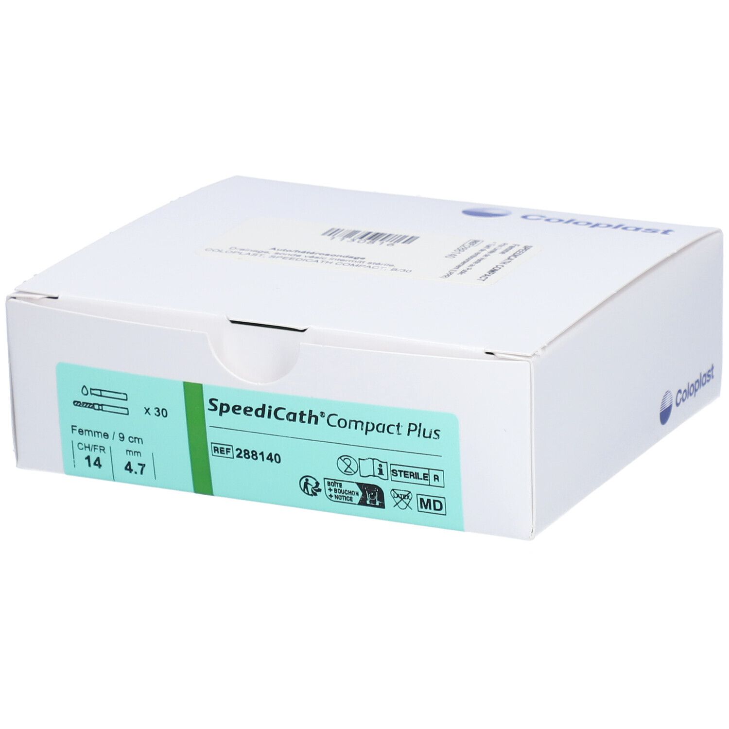 Boîte blanche avec étiquette verte. Inscription: SpeediCath Compact Plus, CH/FR 14, 4.7 mm, 30 unités. Marque Coloplast.