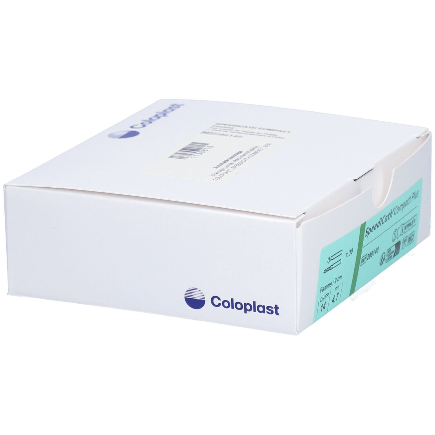 Boîte blanche avec logo Coloplast. Étiquette verte sur le côté avec informations produit. Stérile.