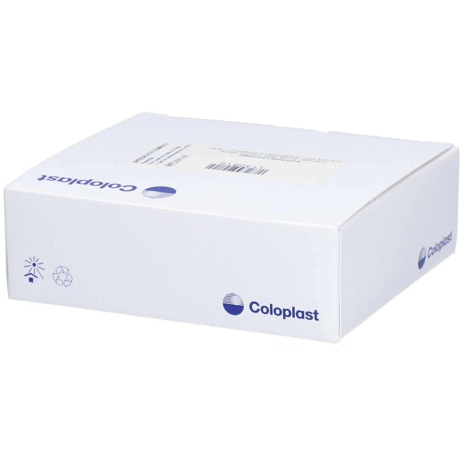 Boîte blanche avec logo Coloplast. Symboles de recyclage et de soleil. Informations produit sur le dessus.