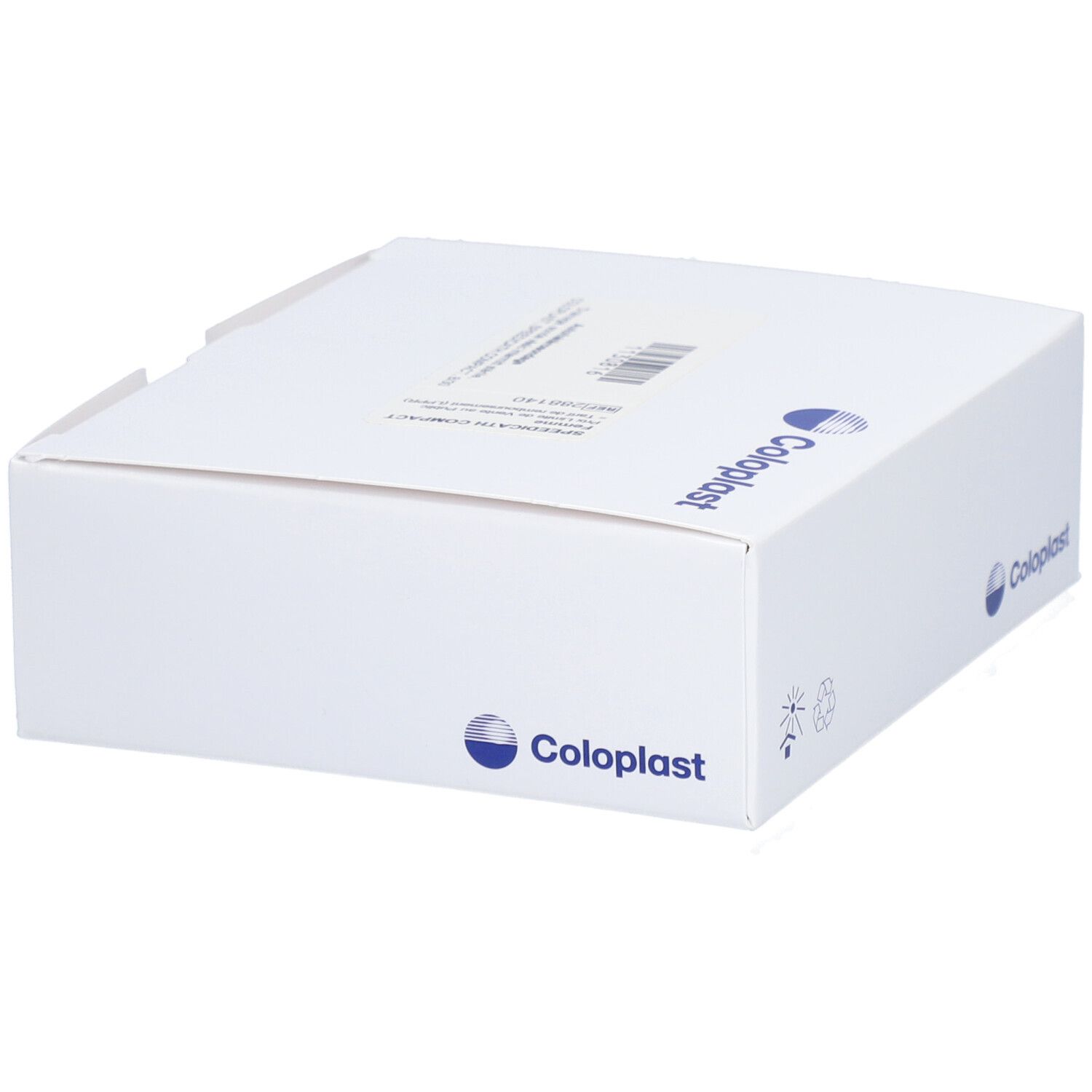 Boîte blanche avec logo Coloplast. Informations produit sur le dessus. Symboles de recyclage et de soleil.