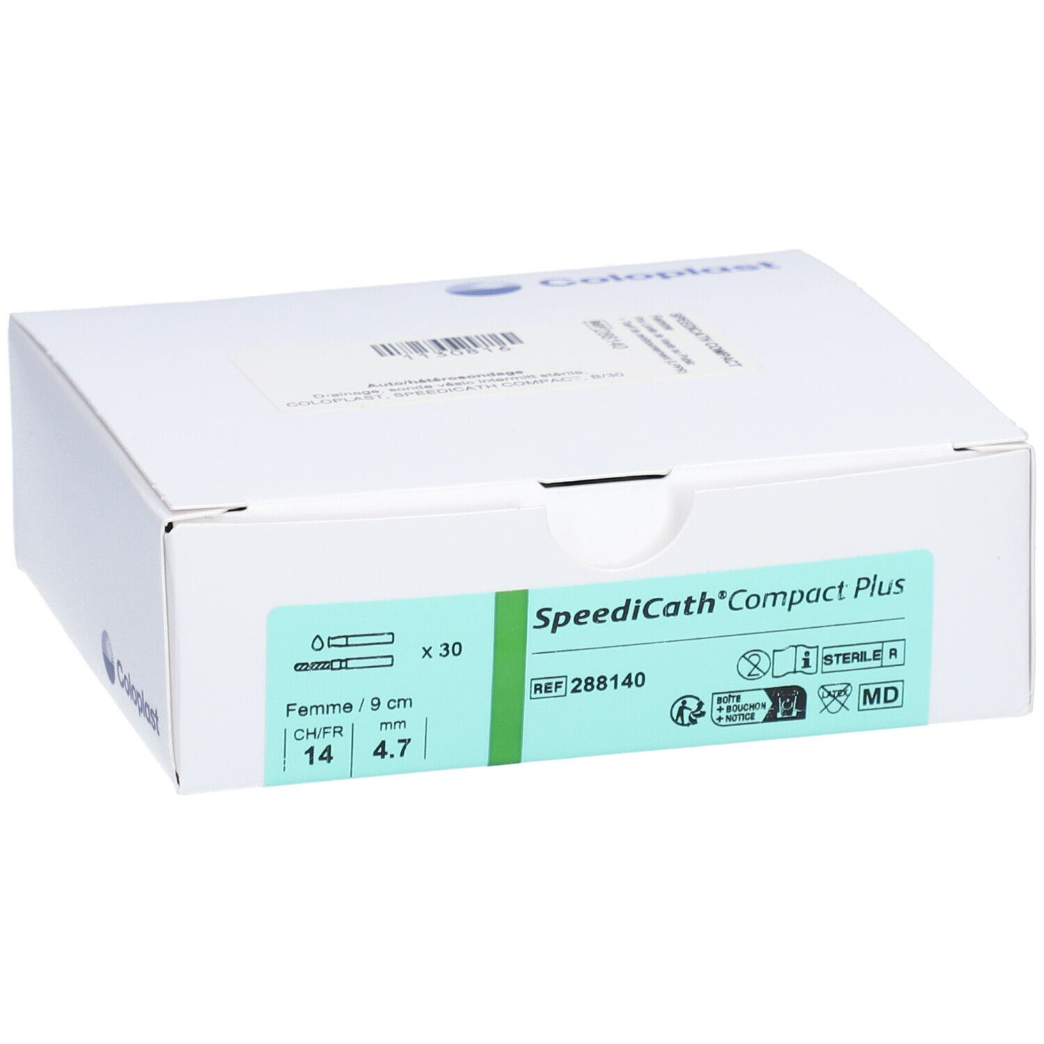 Boîte blanche avec étiquette verte. Inscription: SpeediCath Compact Plus, CH/FR 14, 4.7 mm, 30 unités. Marque Coloplast.