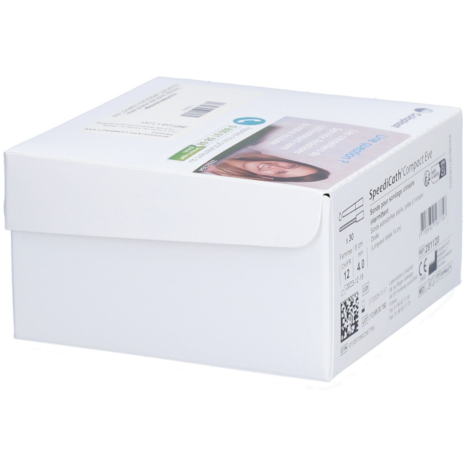 Boîte blanche avec informations produit. Inscription: SpeediCath Compact Eve, CH12/4.0 mm. Avec marquage CE.