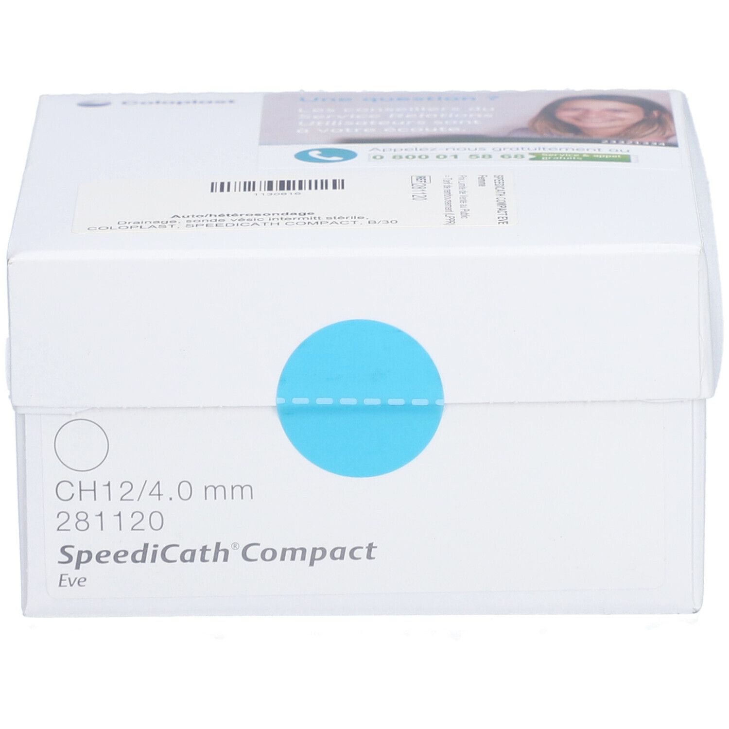 Boîte blanche avec cercle bleu. Inscription: SpeediCath Compact Eve, CH12/4.0 mm.