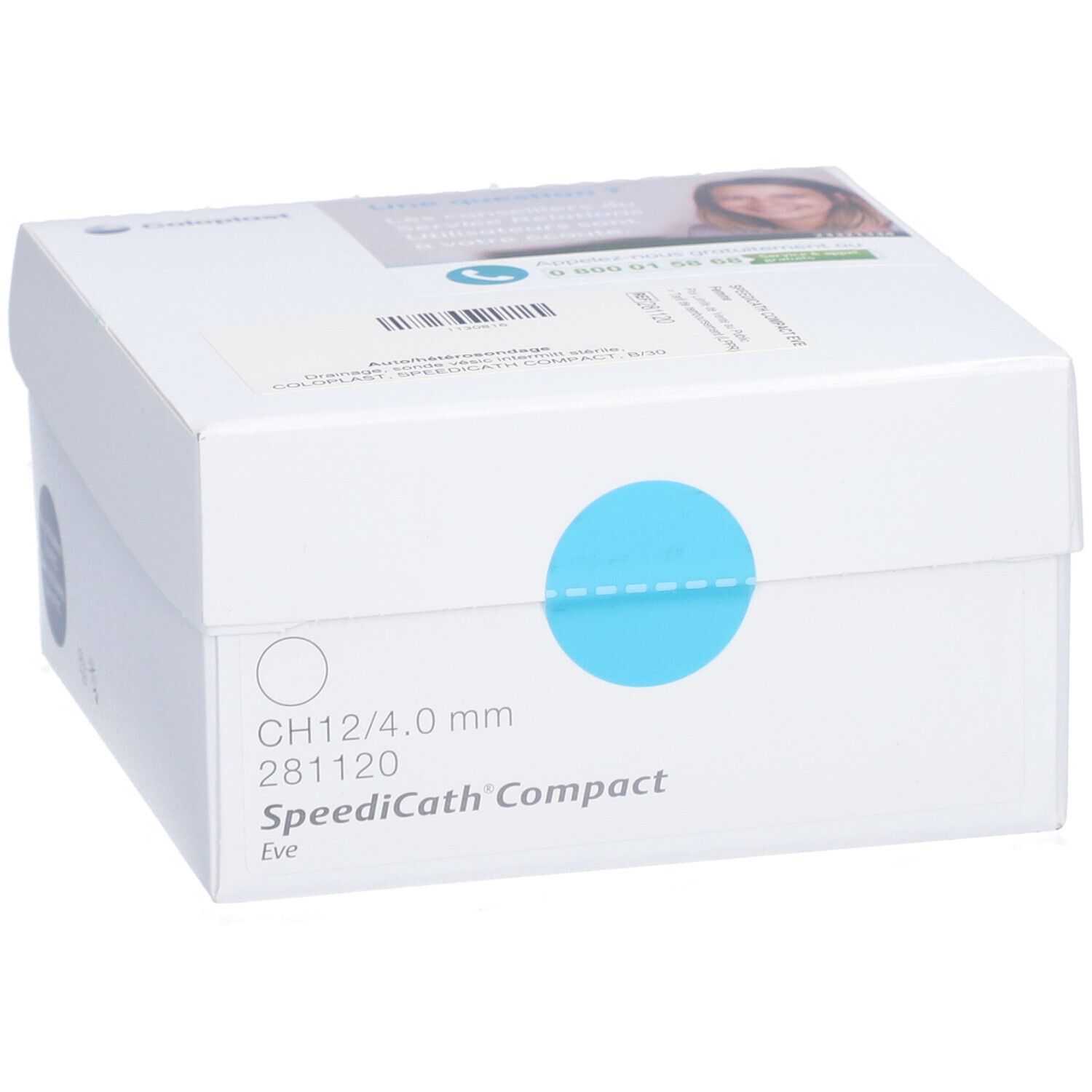 Boîte blanche avec cercle bleu. Inscription: SpeediCath Compact Eve, CH12/4.0 mm.
