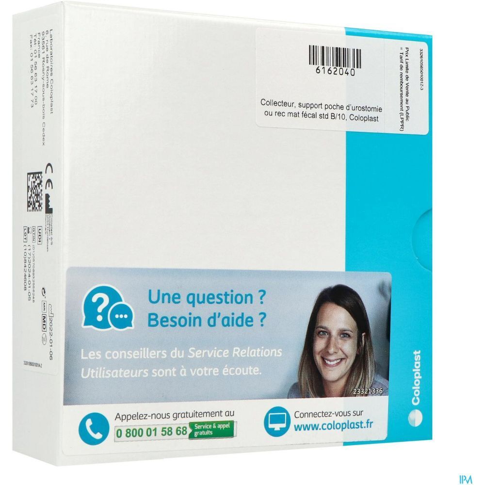 Emballage produit avec texte et code-barres. Logo Coloplast. Informations de contact et marquage CE.