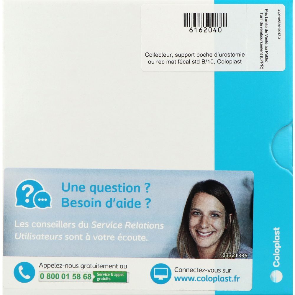 Emballage produit avec texte et code-barres. Logo Coloplast. Informations de contact et service client.