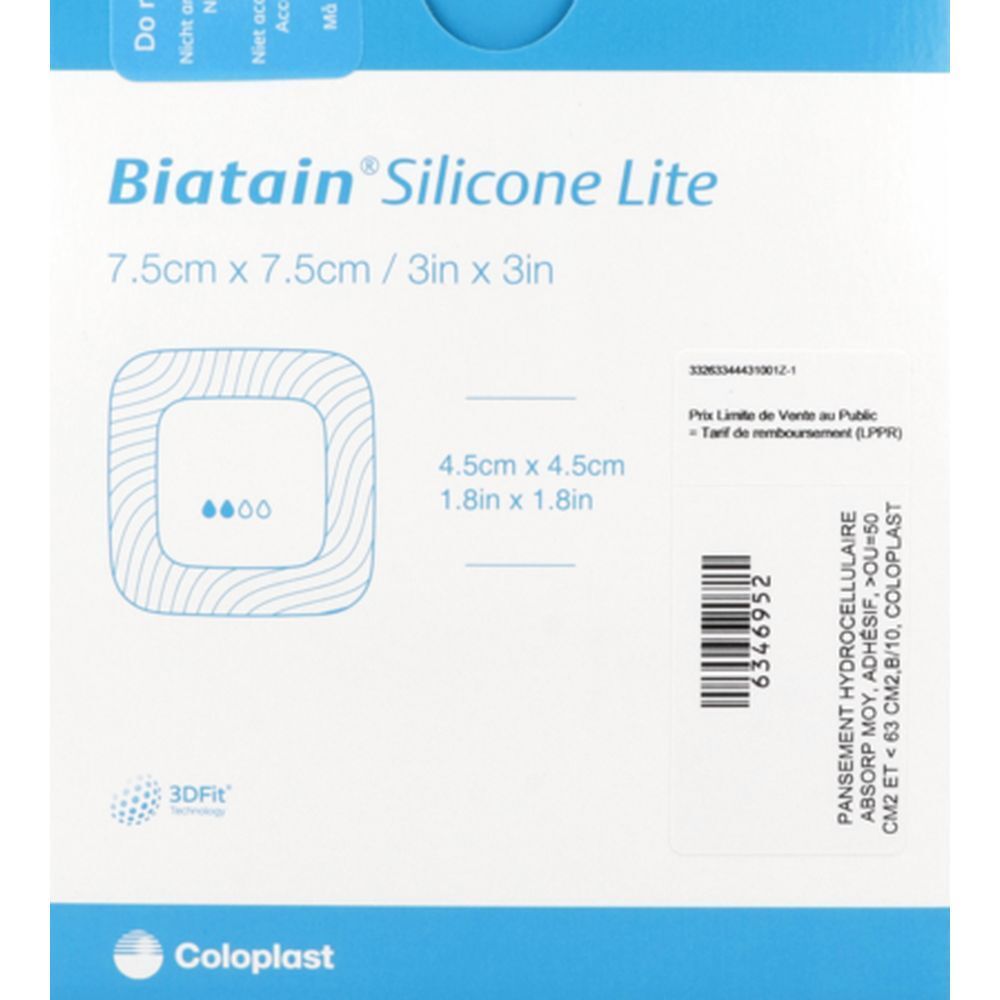 Pansement Biatain Silicone Lite, 7,5 x 7,5 cm. Forme carrée aux coins arrondis. Emballage bleu avec informations produit.
