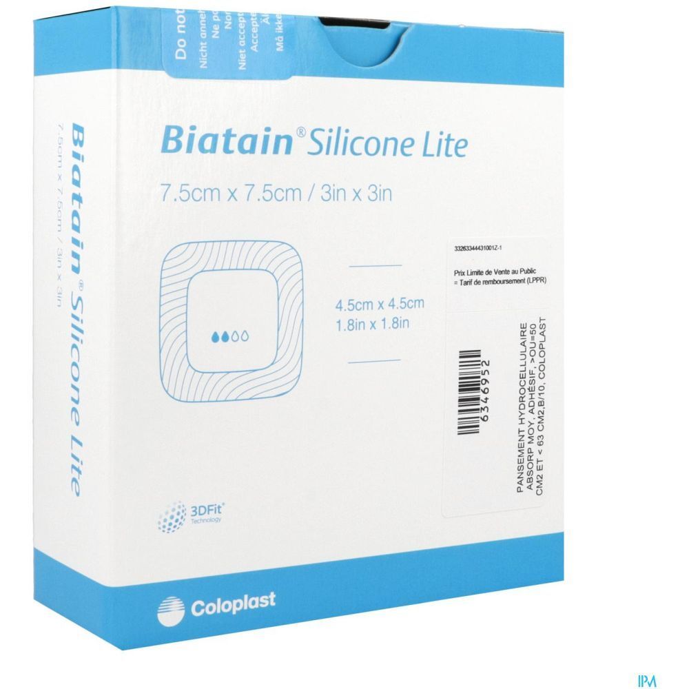 Boîte Biatain Silicone Lite. Forme carrée, bleu et blanc. Nom du produit et dimensions clairement visibles.