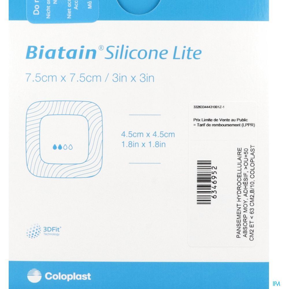 Pansement Biatain Silicone Lite, 7,5 x 7,5 cm. Forme carrée aux coins arrondis. Emballage bleu avec informations produit.