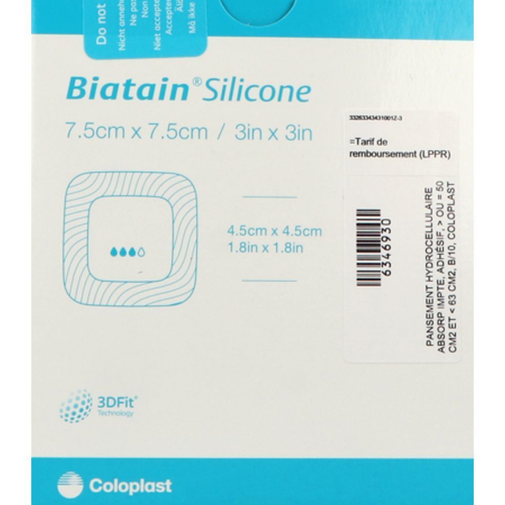 Pansement Biatain Silicone 7,5 x 7,5 cm. Forme carrée aux coins arrondis. Emballage avec informations produit et logo Coloplast.