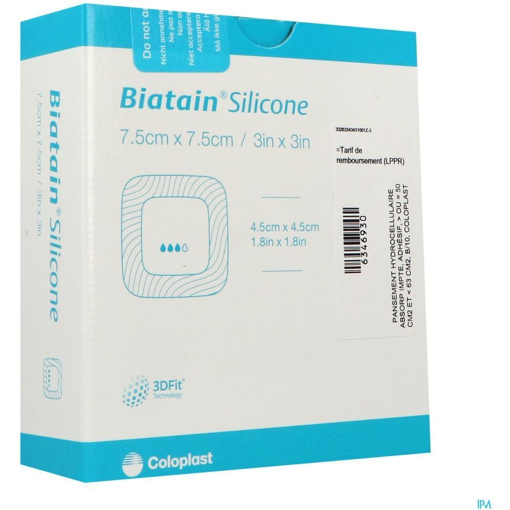 Pansement Biatain Silicone 7,5 x 7,5 cm, en emballage. Forme carrée, coins arrondis. Logo Coloplast et informations produit.