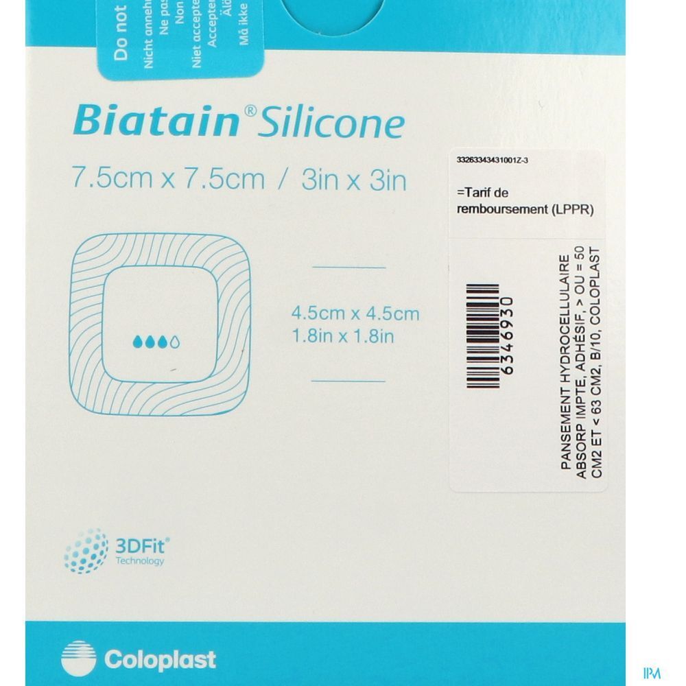 Pansement Biatain Silicone 7,5 x 7,5 cm. Forme carrée aux coins arrondis. Emballage avec informations produit et logo Coloplast.