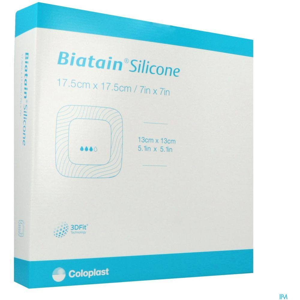 Boîte de pansements Biatain Silicone. Carré, 17,5 x 17,5 cm. Marque et logo Coloplast. Technologie 3DFit.