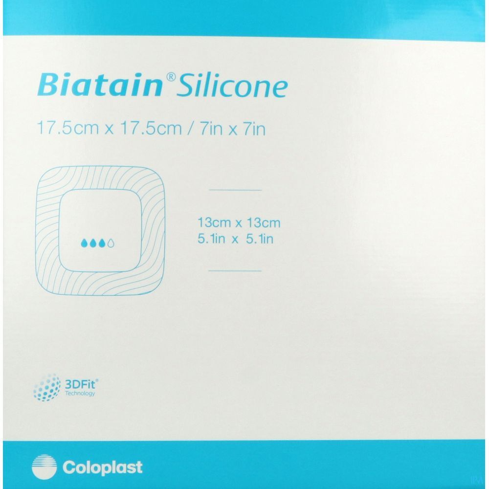 Pansement Biatain Silicone carré, 17,5 x 17,5 cm. Marque et logo Coloplast. Technologie 3DFit.