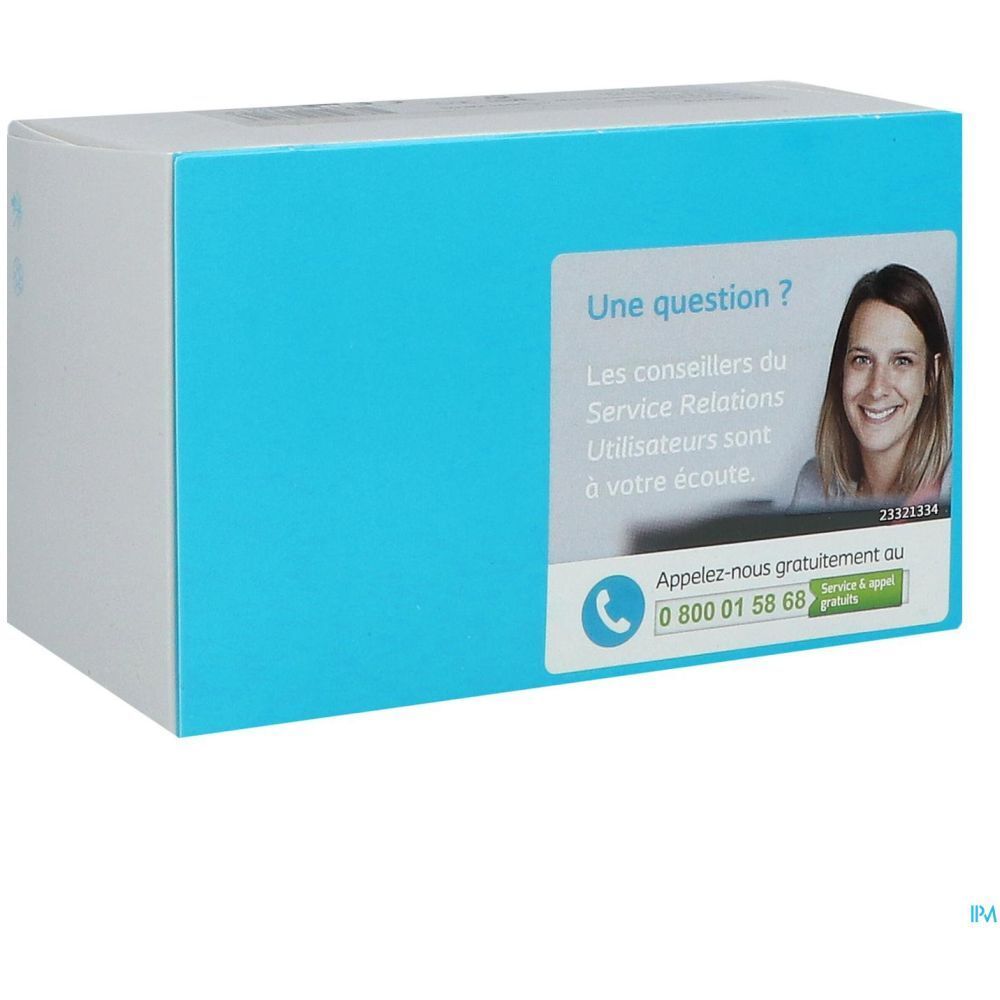 Boîte bleue et blanche. Autocollant avec texte et numéro de téléphone. Femme souriante.