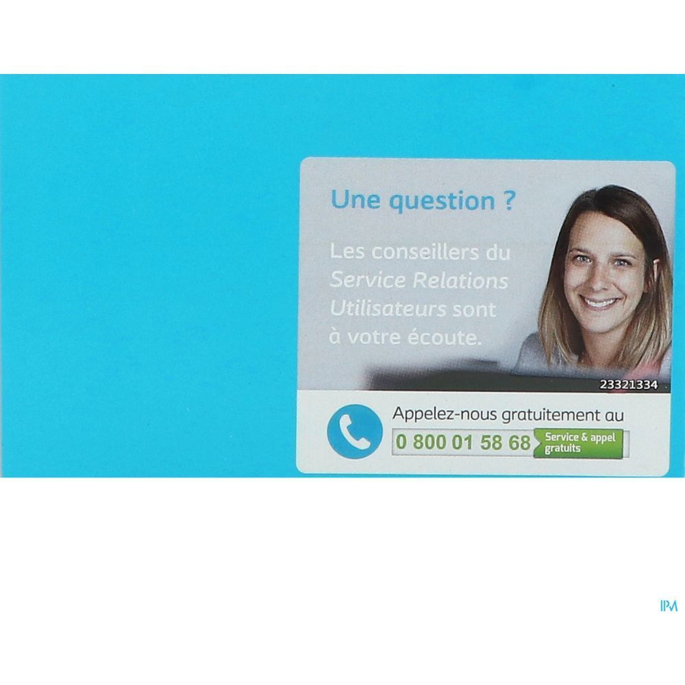 Rectangle bleu avec autocollant blanc. Autocollant avec texte et numéro de téléphone. Femme souriante.