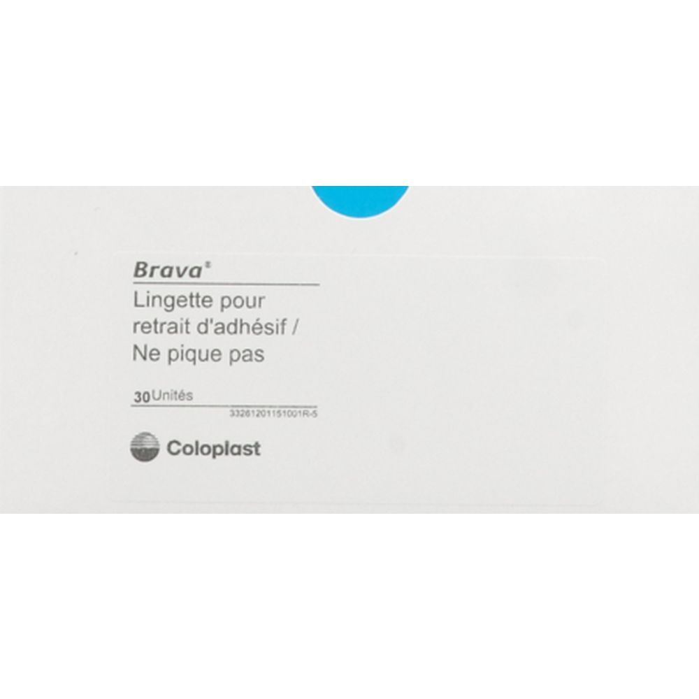 Boîte blanche avec texte: Brava, Lingette pour retrait d'adhésif, 30 unités, Coloplast. Détail bleu en haut.