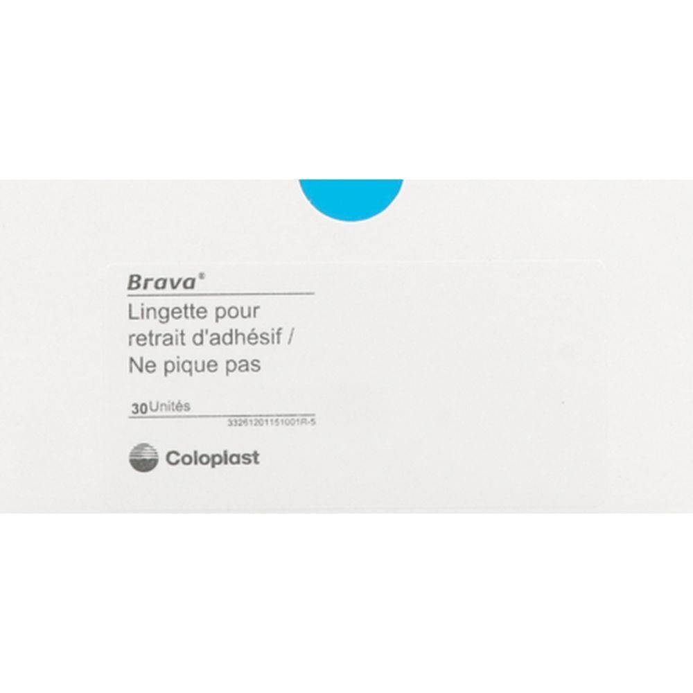 Emballage blanc avec texte: Brava, Lingette pour retrait d'adhésif, 30 unités, Coloplast. Détail bleu en haut.