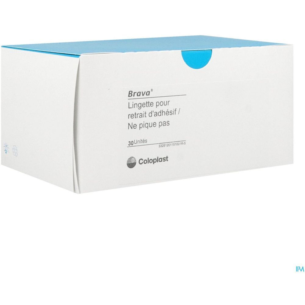 Boîte blanche et bleue. Texte: Brava, Lingette pour retrait d'adhésif, 30 unités, Coloplast. Vue en perspective.