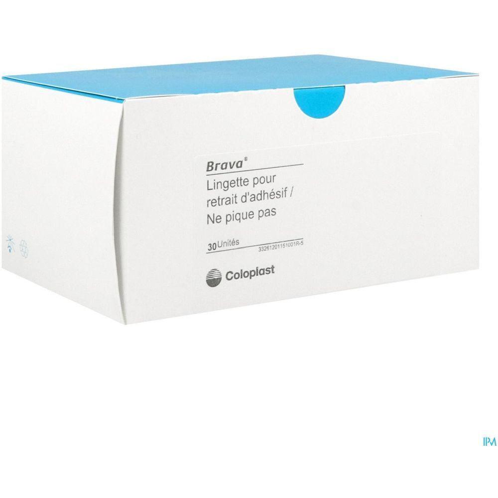 Boîte blanche et bleue. Texte: Brava, Lingette pour retrait d'adhésif, 30 unités, Coloplast. Vue en perspective.